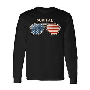 T-shirt puritana a maniche lunghe con design a occhiali da sole con bandiera americana - Product Image 2