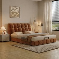 Lit double en métal capitonné crème, style minimaliste moderne italien, avec tête de lit en chenille en forme de coussin et système de levage à gaz intégré.