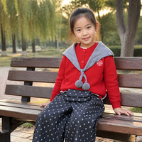 Ensemble Cardigan à Col Marin et Pantalon Large pour Filles, Rouge, Style Preppy, Tenue de Vacances Deux Pièces, Vente en Gros Personnalisée