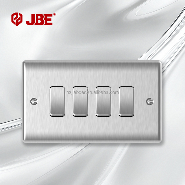 British Standard 4 Gang 1/2 Way 10A 250V Stainless Steel Switch with Curved Edge for Home and Office Plugs & Sockets