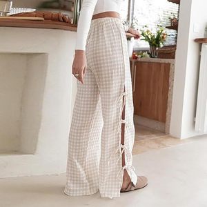 Pantalon à jambes larges Y2K pour femmes Pantalon ample en polyester imprimé à carreaux/rayures à nouer sur le côté Printemps Été Mode Pantalons de survêtement décontractés Bas - Product Image 3