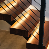 Escalier droit contemporain d'entrée Garde-corps en acier avec câble Conception d'escalier avec bande de roulement en bois massif en bois dur