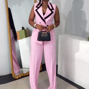 Conjunto de 2 Piezas para Mujer, Chaleco sin Mangas con Cuello Solapa y Pantalones con Bloques de Color, Moda Premium - Product Image 2