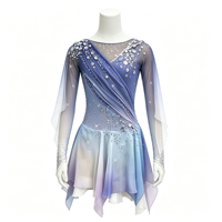 Robe de patinage artistique bleu-violet dégradé, manches longues en maille, dos en V profond, ornée de strass, pour femmes et filles, compétition, spectacle sur glace