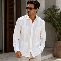 Chemise décontractée pour homme 100 % lin, quatre poches, logo brodé, manches longues, boutonnée, respirante, style cubain/mexicain, pour mariage