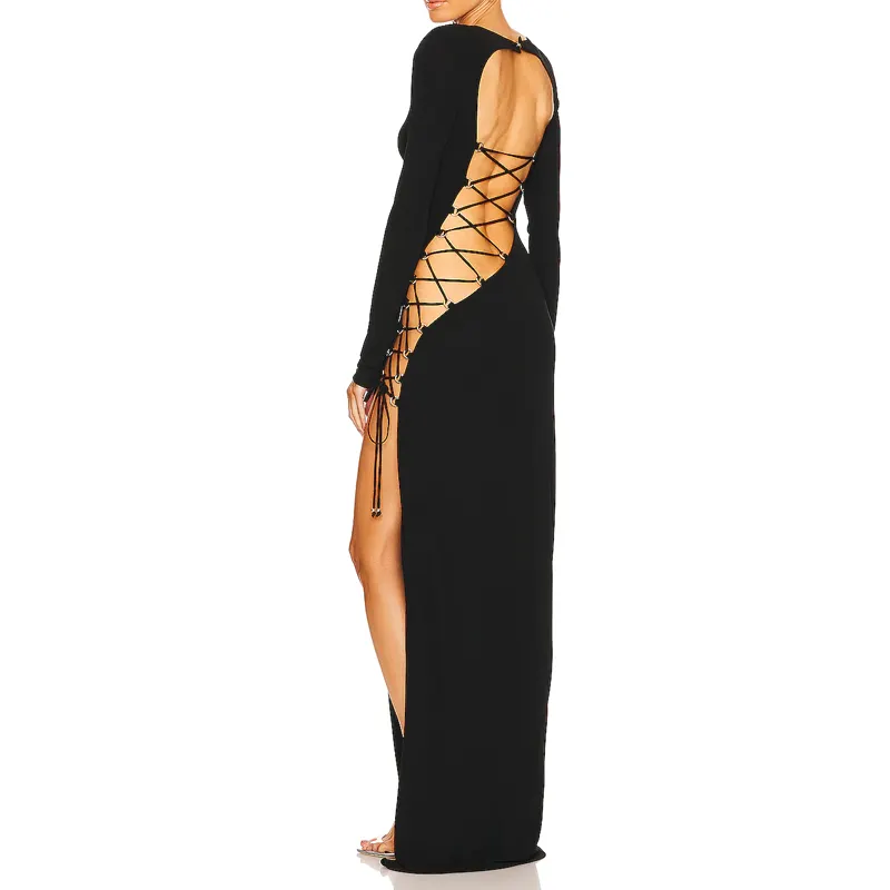 OEM Long Sleeve Padded Shoulders Adjustable Lace-up Open Back Party Maxi Dress Women
