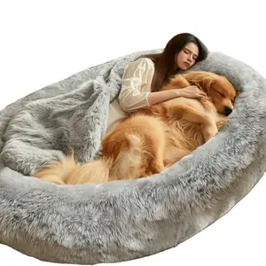 대형 인간 개 침대 성인 및 애완 동물을 위한 인간 크기의 큰 개 침대 빨 모피 커버, 담요 및 스트랩이있는 거대한 빈백 침대