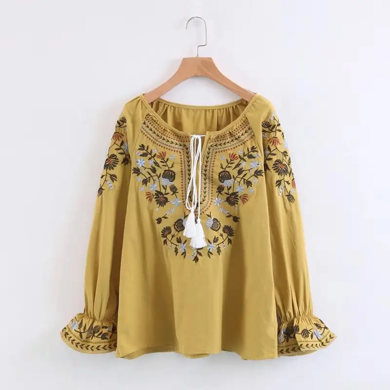 2021Blusas De Mujer Borduren Lange Mouwen Kwasten Blouses Casual Losse Katoenen Linnen Zomer O-hals Vrouwen Tops En Blouses