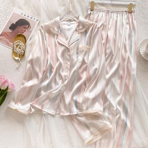 Pigiami Casual in seta a righe da <span class=keywords><strong>donna</strong></span> vestiti per la casa traspiranti per la primavera estate in tinta unita sottile di seta - Product Image 2