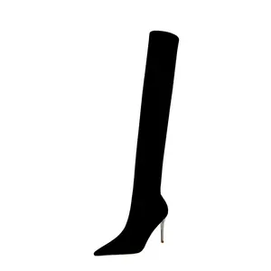 Sepatu bot wanita, sepatu bot wanita kaus kaki setinggi lutut, sepatu ujung lancip, sepatu bot kain panjang elastis
