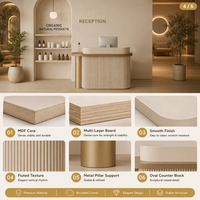 Nouveau 2026 WDF – Comptoir de réception pour salon et spa avec plateau en marbre naturel cannelé vertical incurvé et support métallique doré, personnalisable avec logo