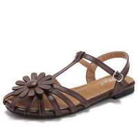 Sandales à boucle respirantes à fleurs pour femmes, chaussures d'été antidérapantes à semelle plate et bout rond