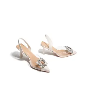 Telanjang aprikot transparan persegi gesper kembali berongga tumit tipis sandal karir wawancara hak tinggi runcing sepatu tunggal perempuan