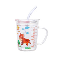 Tasse à mesurer en verre avec paille et couvercle Tasse à eau avec échelle Tasse en verre pour enfants