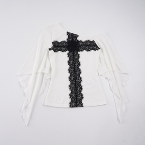 Camiseta Y2K Sexy para Mujer, con Hombros Descubiertos, Manga Murciélago, Encaje, Parches Gráficos Cruzados, Ajustada, Estilo Estético - Product Image 6