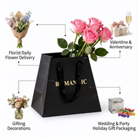 Sac en papier noir trapézoïdal FL83 avec logo en feuille d'aluminium et poignée en ruban pour bouquet, emballage cadeau pour fleuriste, mariage, fête