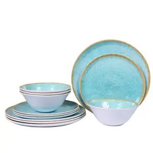 Cheap melamine dinner set in dinnerware dish set, ice crack print nordic tabel ware dinner ware with gold rim