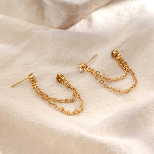 Pendientes de Araña con Cadena Dorada, Borla Redonda y Circonita Blanca Engastada en Garra, de Acero Inoxidable, Joyería para Fiesta - Product Image 4