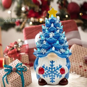 Blue Resin Christmas <b>Tree</b> Dwarf Figurine With Led <b>Lights</b> 8.5x6.5x13.5cm Mini Decor For Holiday Home Decoration - Product Image 1