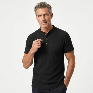 <b>Black</b> Waffle Knit <b>Men</b> Henley T <b>Shirt</b> <b>Slim</b> <b>Fit</b> Short Sleeve Casual Summer Tee - Product Image 2