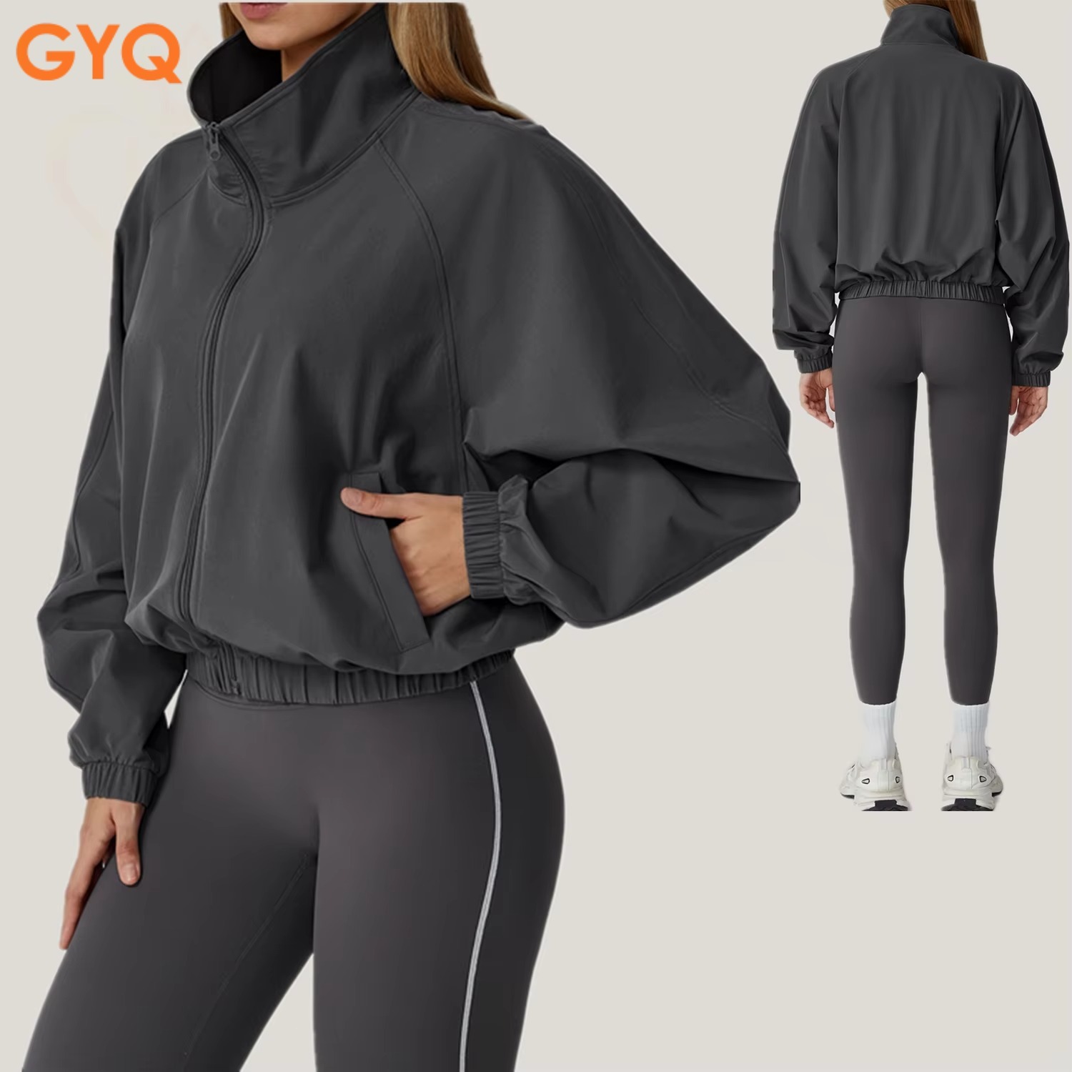 GYQ Women's Quick-Dry Windproof Running Jacket Zippered Stand-up Collar Sports Wear Long Sleeve Sports Yoga Top
