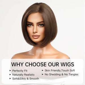 วิกผมบ๊อบตรงสีน้ำตาลเข้มมีรากผมสีน้ำตาลเข้มวิก13X1X5สังเคราะห์<span class=keywords><strong>ผม</strong></span>ปลอมแบบมีลูกไม้รูปตัวทีสะพายไหล่ - Product Image 4