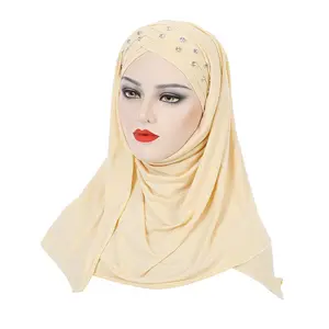 หมวกโพกศีรษะผ้าไหมนมมาเลเซียสำหรับผู้หญิง,ผ้าโพกหัวฮิญาบมุสลิมพลอยเทียมสีพื้น