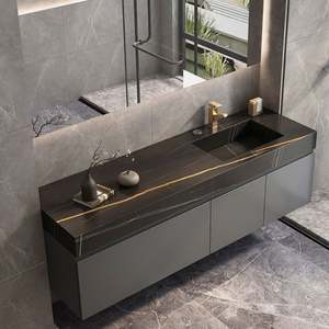 Meuble-lavabo de salle de bain simple moderne, finition laquée grise de haute qualité, avec miroir intelligent pour appartement et villa - Product Image 1