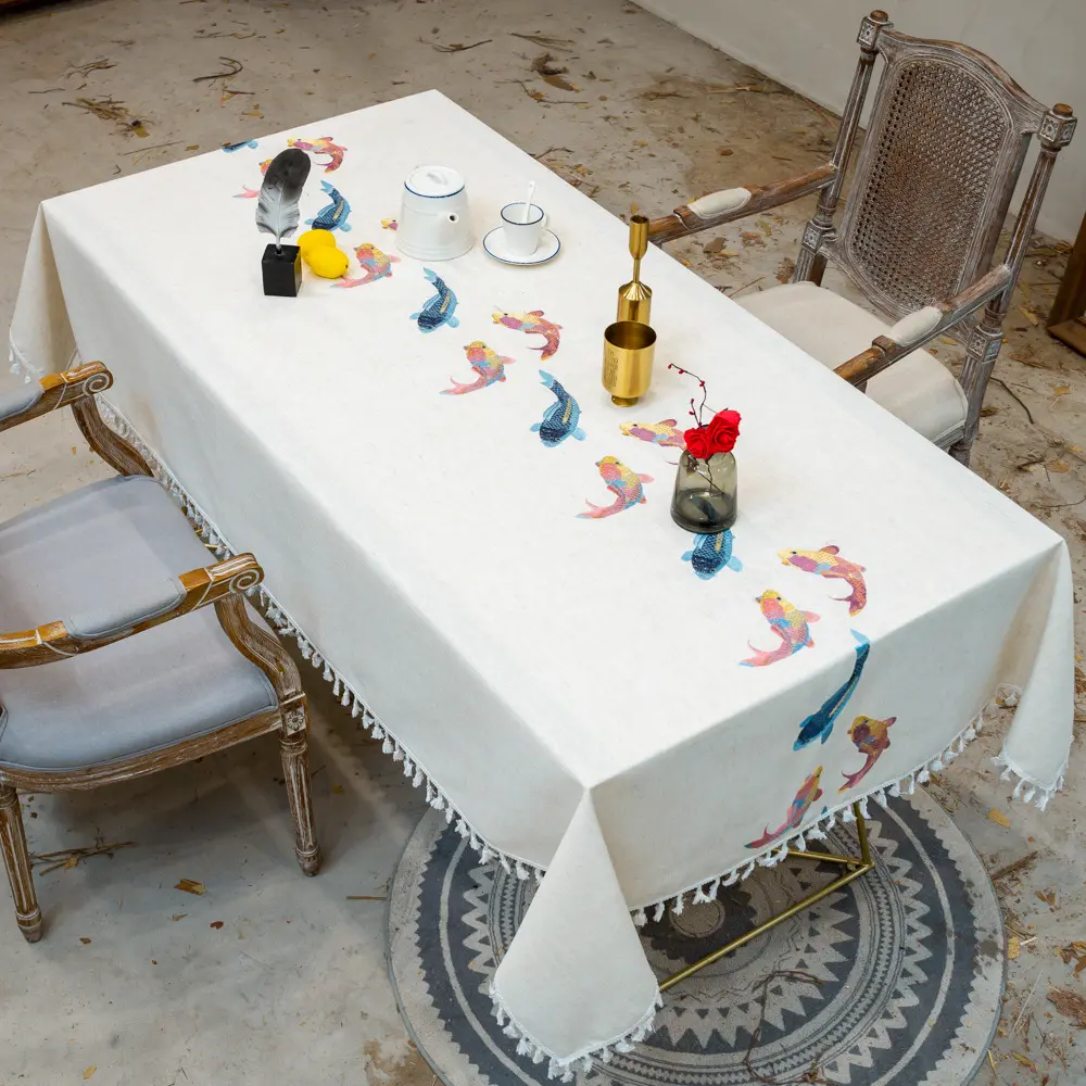 Algodão e linho toalha de mesa com padrão de peixe roupas de mesa bordados pano de mesa branco com rendas