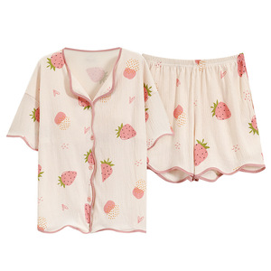 Conjunto de Pijama de Verano para Mujer con Relleno en el Pecho, Camiseta de Manga Corta y Pantalón, Estampado de Dibujos Animados, Conjunto Informal Holgado para Estar en Casa con Sujetador - Product Image 1