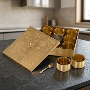 Premium Square Brass Spice Box with 9 Round Containers Etched Mandala Art Lid Luxury Indian Masala Dani Kitchen Organizer Set - Product Image 5