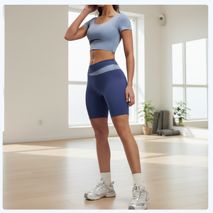 Shorts de yoga taille haute élastiques color-block pour femme, contrôle du ventre, écologiques, sport d'été, anti-transparence, couleur pêche, ODM - Product Image 3
