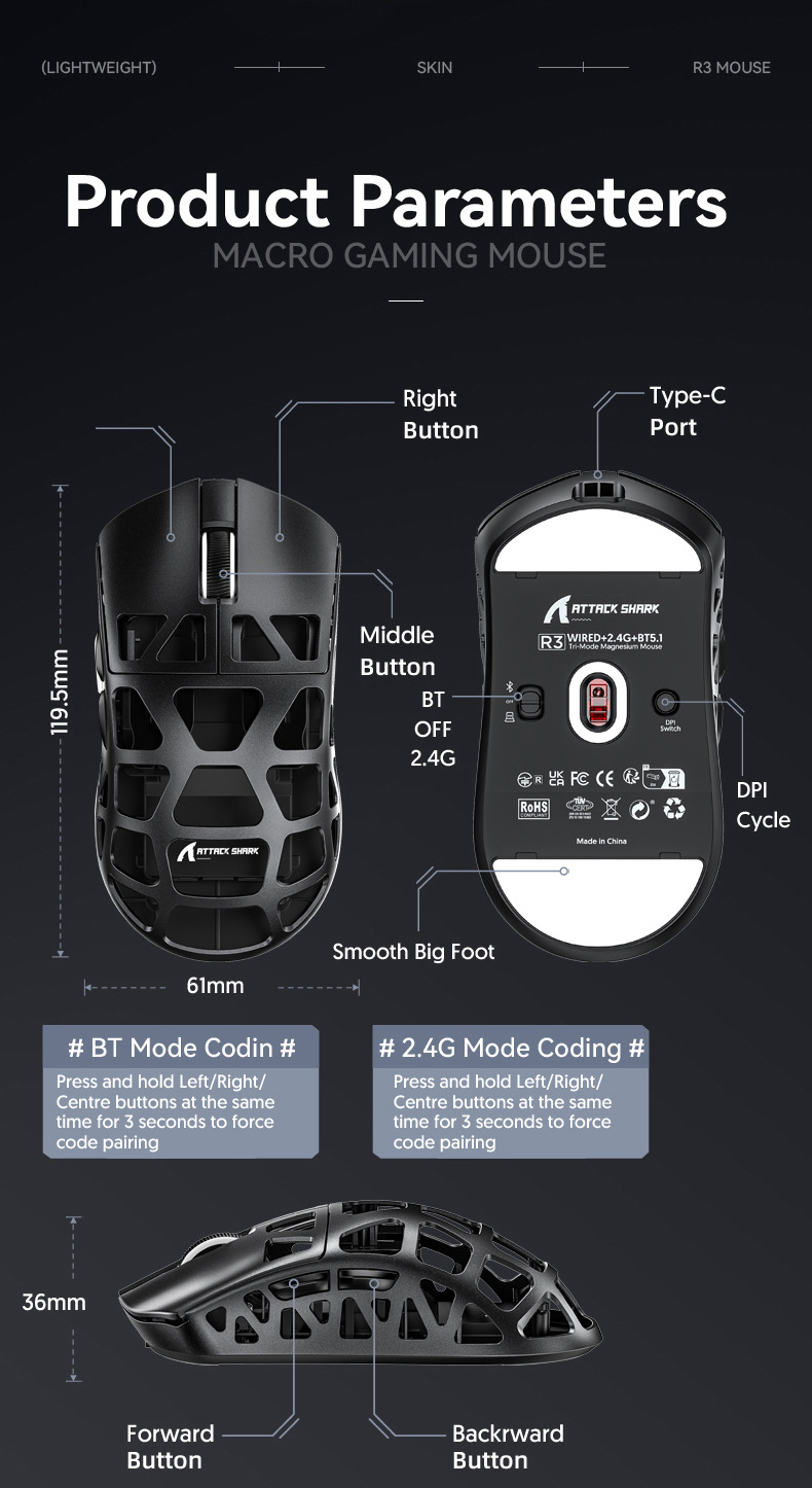 Attack Shark R3 Mouse - Lightweight 26000 DPI Gaming Mouse