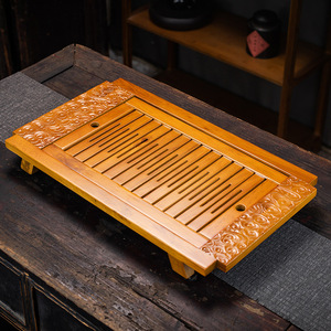 Bandeja de Té de Madera Maciza con Drenaje, Diseño Plano Estilo Chino para Preparación de Té Kung Fu, Material de Roble, Almacenamiento y Drenaje de Agua - Product Image 1