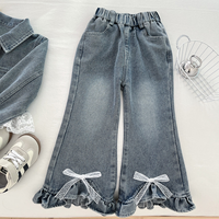Ensemble de vêtements en jean pour filles tendance, veste courte à dentelle et pantalon évasé, tenue 2 pièces, nœud perlé, costume en jean Conjunto