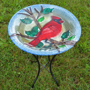 Bain/mangeoire pour oiseaux en verre fusionné Cardinal gaufré avec piquet de bain d'oiseaux à 3 broches en métal - Product Image 5