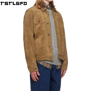Custom <b>Suede</b> Trucker <b>Jacket</b> <b>Men</b> Tan Honey Brown Asymmetric Pocket Windbreaker Streetwear Outerwear Manufacturers Bulk - Product Image 1