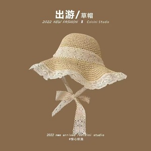 <span class=keywords><strong>Sombrero</strong></span> de playa de encaje de verano para mujer con <span class=keywords><strong>sombrero</strong></span> de sol Lafite hueco rizado para la playa, ala grande y Material de piel para venta al por mayor transfronteriza - Product Image 6