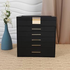 صندوق مجوهرات كبير عبر الحدود 6 طبقات مع مرآة الأقراط سوار قلادة تخزين أسود في المخزون - Product Image 4