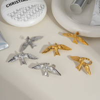 Rétro 18K Or Argent Acier Inoxydable Ins Style Bague et Boucle D'oreille Ensemble Ailes D'oiseau Conception Anneau Ouvert Étanche Non-fading Bijoux