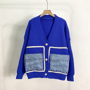 Nuevo producto Patchwork Deinim <span class=keywords><strong>cuello</strong></span> en V bolsillo tejido diseño suelto sensación temperamento todo-fósforo abrigo de <span class=keywords><strong>pelo</strong></span> mujer suéter cárdigan - Product Image 1