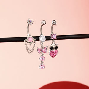 Double Jeweled Pink 316L baja bedah, mode lucu 14G Emas cantik pita dan berkilau permata menjuntai kancing perut/cincin pusar - Product Image 6