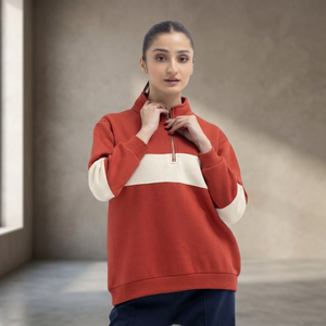 Sweat-shirt à col montant et demi-zip pour femme, en coton respirant, avec blocs de couleur - Product Image 2