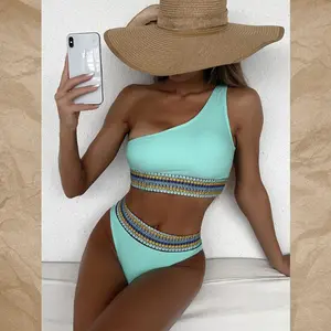 Bir omuz mayo kadin Bikini katı Set ince kadın yaz plaj kıyafeti yüzme için iki parça