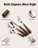 Juego de Cubiertos de Acero Inoxidable 430 con Mango de Imitación Madera, Acabado Pulido Espejo, Cuchillo, Tenedor y Cuchara, 4 Piezas para Restaurante
