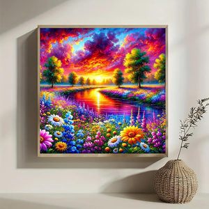 Kit de <span class=keywords><strong>peinture</strong></span> diamantée Songwoo personnalisé : Champ de <span class=keywords><strong>fleurs</strong></span> coloré et rêveur, Coucher de soleil sur la rivière, Paysage vibrant - Product Image 4