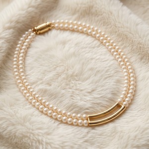 Ear enlace oem odm Wholesale Gold Plated Double Strand Pearl <b>Choker</b> Necklaces Bar Metal Decor Women Jewelry - Product Image 2