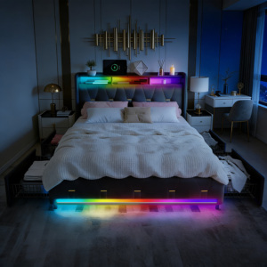 <span class=keywords><strong>Letto</strong></span> Imbottito Multifunzionale con Illuminazione LED e <span class=keywords><strong>Testiera</strong></span> con Vano Portaoggetti e Stazione di Ricarica USB, 4 Cassetti, Doghe in Legno, Grigio - Product Image 2
