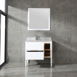 White Modern Solid Wood Bathroom Vanity with White Frame <b>Mirror</b> Grey Stone Top 2 Drawers Side Open Storage Shelves Freestanding - Product Image 4