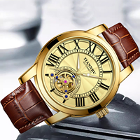 Montre automatique pour homme, boîtier en or, design tourbillon, bracelet en cuir marron, cadran à chiffres romains